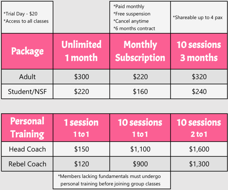 Rebel Muay Thai Boxing Gym Prices